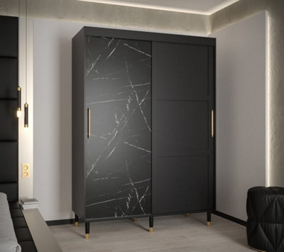 Tromso Modern 2 Sliding Pannelled Marble Effect Door Wardrobe Gold Handles5 Shelves 2 Rails Black (H)2080mm (W)1500mm (D)620mm