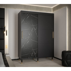 Tromso Modern 2 Sliding Pannelled Marble Effect Door Wardrobe Gold Handles5 Shelves 2 Rails Black (H)2080mm (W)1500mm (D)620mm