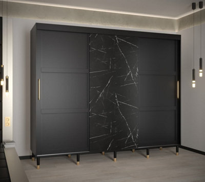 Tromso Modern 3 Sliding Pannelled Marble Effect Door Wardrobe Gold Handles 9 Shelves 2 Rails Black (H)2080mm (W)2500mm (D)620mm