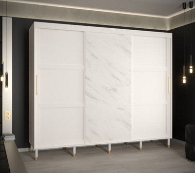 Tromso Modern 3 Sliding Pannelled Marble Effect Door Wardrobe Gold Handles 9 Shelves 2 Rails White (H)2080mm (W)2500mm (D)620mm