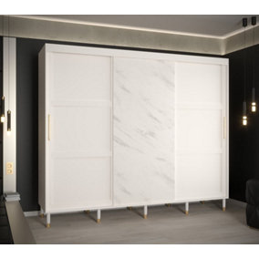 Tromso Modern 3 Sliding Pannelled Marble Effect Door Wardrobe Gold Handles 9 Shelves 2 Rails White (H)2080mm (W)2500mm (D)620mm