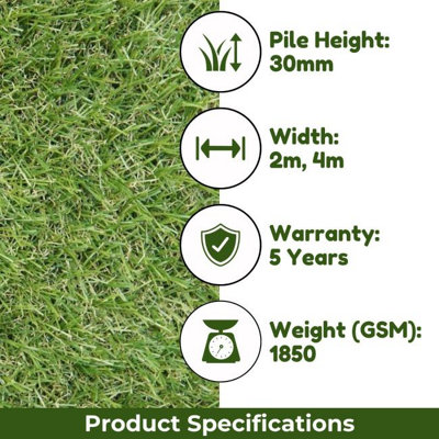 Troon 30mm Artificial Grass, Plush Outdoor Artificial Grass, Premium Pet-Friendly Artificial Grass-13m(42'7") X 2m(6'6")-26m²