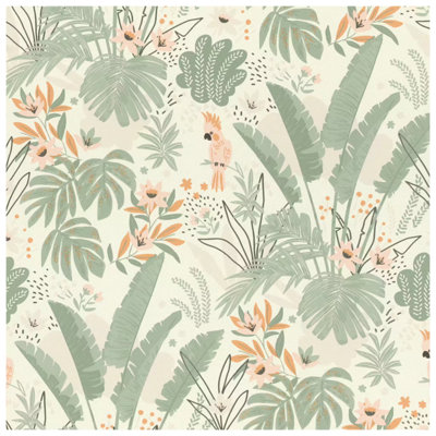 Tropical Botanical Parrot Wallpaper Sage Green Peach Floral Feature Wall