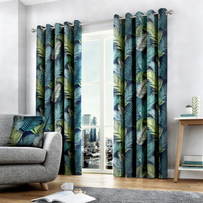 Tropical Exotic Palm Leaf Print 100% Cotton Eyelet Curtains