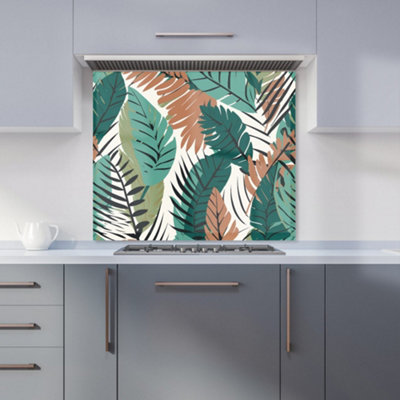 Tropical Floral Leaves Green Brown Glass Kitchen Splashback | DIY at B&Q