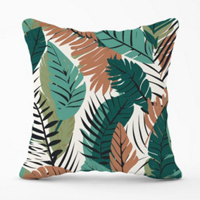 Tropical Floral Leaves Green Brown Outdoor Cushion 45cm x 45cm