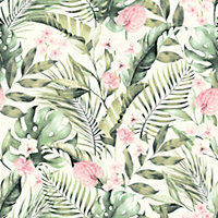 Tropical Floral Pink & Green Wallpaper