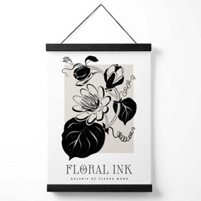 Tropical Flowers in Black and Beige Floral Ink Sketch Medium Poster with Black Hanger