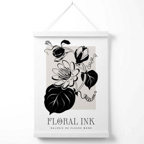 Tropical Flowers in Black and Beige Floral Ink Sketch Poster with Hanger / 33cm / White