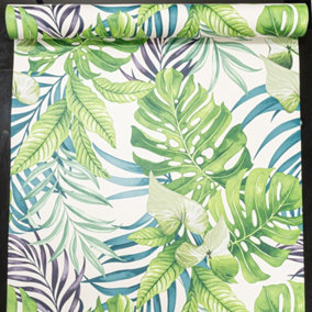 Tropical Green Leaves Wallpaper Cream Teal Jungle Forest Palm Leaf Ugepa L56104