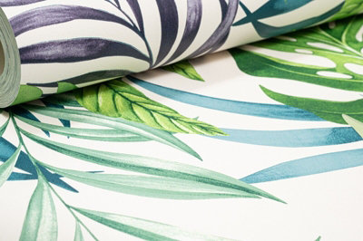 Tropical Green Leaves Wallpaper Cream Teal Jungle Forest Palm Leaf Ugepa L56104
