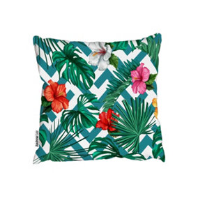Tropical jungle green leaves with colored beautiful hibiscus flower blossoms on striped background (Outdoor Cushion) / 60cm x 60cm