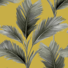 Tropical Jungle Palm Leaf Charcoal Grey Yellow Realisitc Kailana Wallpaper
