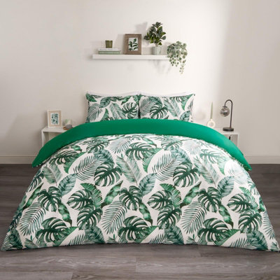 Tropical Leaf Duvet Cover Reversible Bedding Set, Forest Green - King