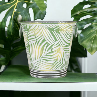 Tropical Leaf Garden Tin Pail Planter. H22 cm