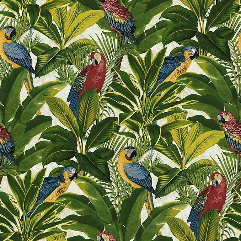 Tropical Leaves Exotic Bird Parrot Wallpaper Floral Red Blue Yellow Green  Jungle | DIY at B&Q