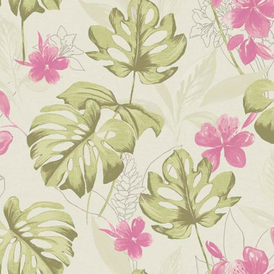 Tropical Leaves Palm Flowers Floral Pink Green Sage Blush Cream Leaf