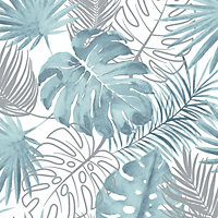 Tropical Leaves Wallpaper Blue Muriva L604-01
