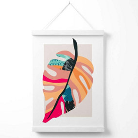 Tropical Monstera Blue and Pink Boho Botanical Poster with Hanger / 33cm / White