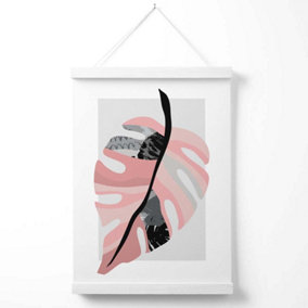 Tropical Monstera Grey and Pink Boho Botanical Poster with Hanger / 33cm / White