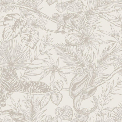 Tropical Off White Silver Floral Glitter Parrot Tiger Monkey Jungle Wallpaper