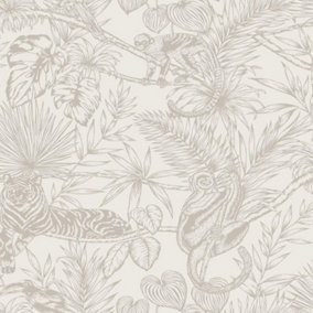 Tropical Off White Silver Floral Glitter Parrot Tiger Monkey Jungle Wallpaper