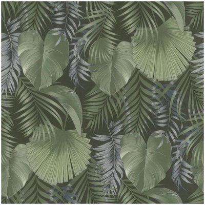 Tropical Palm Leaf Wallpaper Sage Green Silver Botanical Jungle Feature Wall