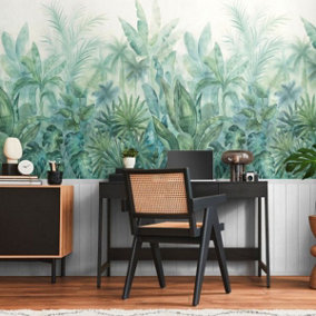 Tropical Plants and Wood Slats 2 in 1 Vinyl Wallpaper White AS Creation 39810-1