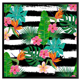 Tropical plants on black & white stripes (Picutre Frame) / 20x20" / Brown