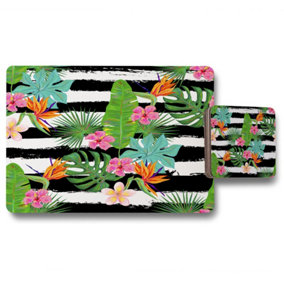 Tropical Plants on Black & White Stripes (Placemat & Coaster Set) / Default Title