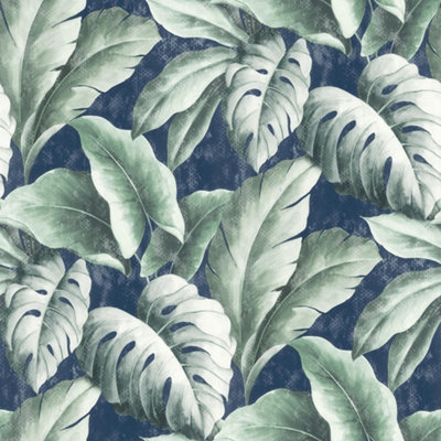 Tropicana Floral Leaf Wallpaper In Navy