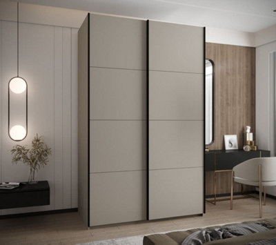 Trosa I White Sliding Door Wardrobe W1600mm H2450mm D640mm with Black Steel Handles