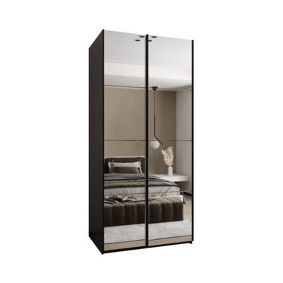 Trosa II Black Mirrored Sliding Door Wardrobe W1100mm H2450mm D640mm with Black Steel Handles