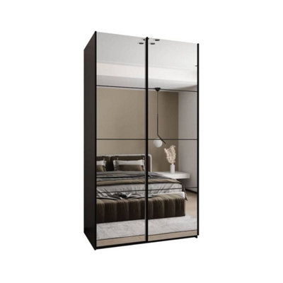 Trosa II Black Mirrored Sliding Door Wardrobe W1400mm H2450mm D640mm with Black Steel Handles