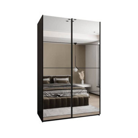 Trosa II Black Mirrored Sliding Door Wardrobe W1600mm H2450mm D640mm with Black Steel Handles