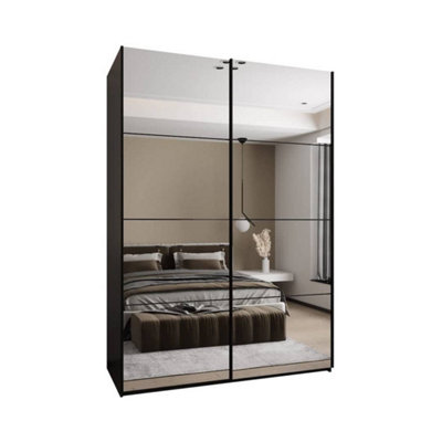 Trosa II Black Mirrored Sliding Door Wardrobe W1700mm H2450mm D640mm with Black Steel Handles