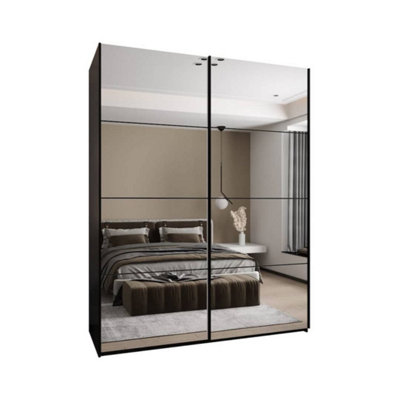 Trosa II Black Mirrored Sliding Door Wardrobe W1900mm H2450mm D640mm with Black Steel Handles