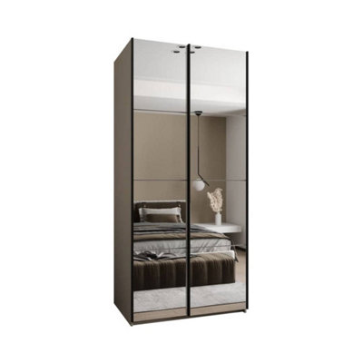 Trosa II Cashmere Mirrored Sliding Door Wardrobe W1100mm H2450mm D640mm with Black Steel Handles