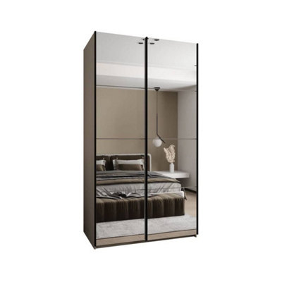 Trosa II Cashmere Mirrored Sliding Door Wardrobe W1400mm H2450mm D640mm with Black Steel Handles