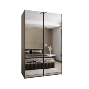 Trosa II Cashmere Mirrored Sliding Door Wardrobe W1600mm H2450mm D640mm with Black Steel Handles