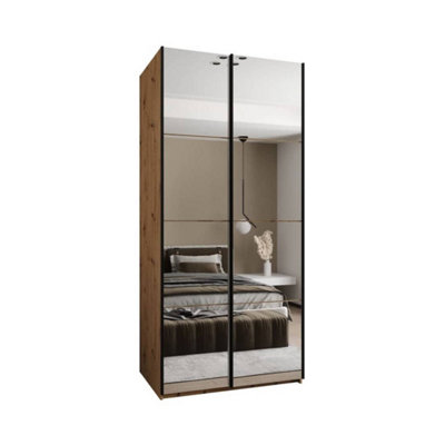 Trosa II Oak Artisan Mirrored Sliding Door Wardrobe W1100mm H2450mm D640mm with Black Steel Handles