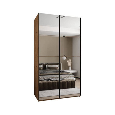 Trosa II Oak Artisan Mirrored Sliding Door Wardrobe W1300mm H2450mm D640mm with Black Steel Handles