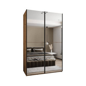 Trosa II Oak Artisan Mirrored Sliding Door Wardrobe W1600mm H2450mm D640mm with Black Steel Handles