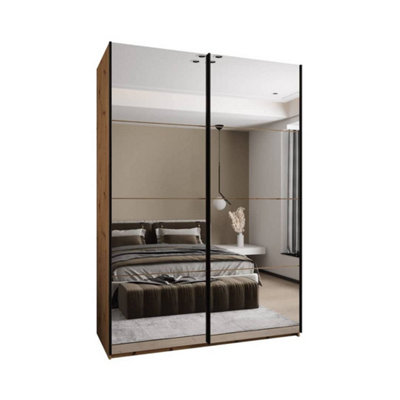 Trosa II Oak Artisan Mirrored Sliding Door Wardrobe W1700mm H2450mm D640mm with Black Steel Handles