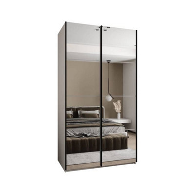 Trosa II White Mirrored Sliding Door Wardrobe W1300mm H2450mm D640mm with Black Steel Handles