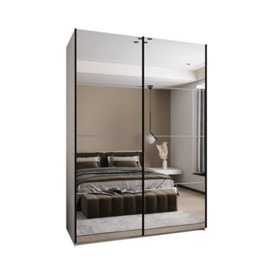 Trosa II White Mirrored Sliding Door Wardrobe W1700mm H2450mm D640mm with Black Steel Handles