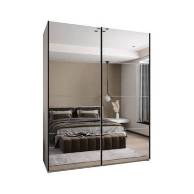 Trosa II White Mirrored Sliding Door Wardrobe W2000mm H2450mm D640mm with Black Steel Handles