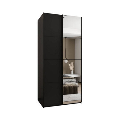 Trosa III Black Mirrored Sliding Door Wardrobe W1100mm H2450mm D640mm with Black Steel Handles