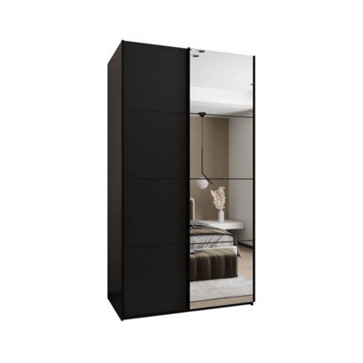 Trosa III Black Mirrored Sliding Door Wardrobe W1300mm H2450mm D640mm with Black Steel Handles