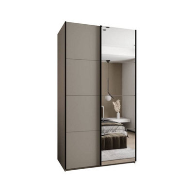 Trosa III Cashmere Mirrored Sliding Door Wardrobe W1400mm H2450mm D640mm with Black Steel Handles